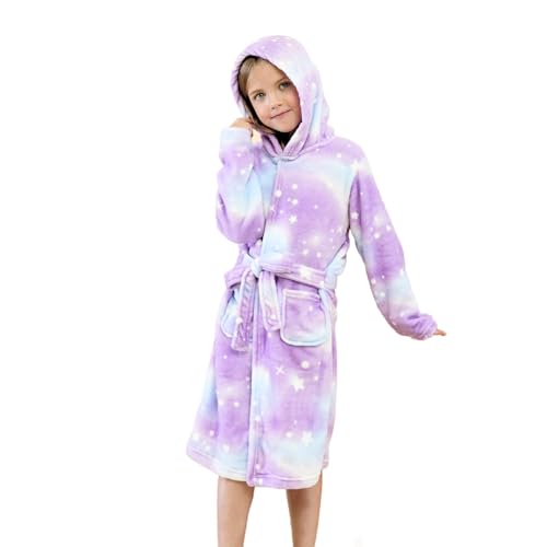 Piefry Weicher Bademantel mit Kapuze für Mädchen Fleece Morgenmantel Nachtwäsche Kinder (Violette Sterne, 8-9 Jahre) von Piefry