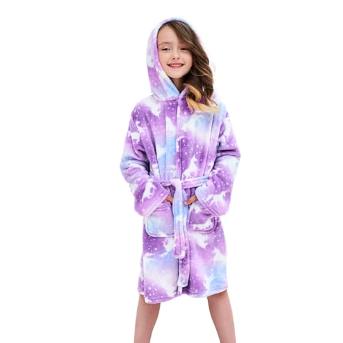 Piefry Weicher Bademantel mit Kapuze für Mädchen Fleece Morgenmantel Nachtwäsche Kinder (Violettes Einhorn, 12-13 Jahre) von Piefry