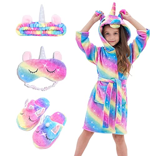 Piefry Weicher Einhorn-Bademantel mit Kapuze für Mädchen mit Einhorn-Pantoffeln, Augenbinde und Stirnband - Geschenke für Mädchen (Regenbogen, 4-5 Jahre) von Piefry