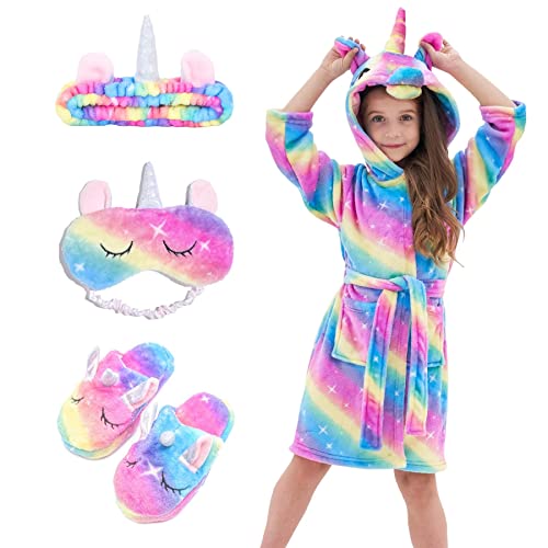 Piefry Weicher Einhorn-Bademantel mit Kapuze für Mädchen mit Einhorn-Pantoffeln, Augenbinde und Stirnband - Geschenke für Mädchen (Regenbogen, 5-6 Jahre) von Piefry