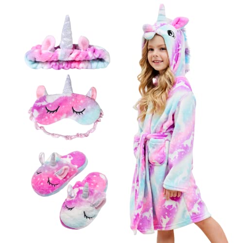 Piefry Weicher Einhorn-Bademantel mit Kapuze für Mädchen mit Einhorn-Pantoffeln, Augenbinde und Stirnband - Geschenke für Mädchen (Rosa/Lila Einhorn, 5-6 Jahre) von Piefry