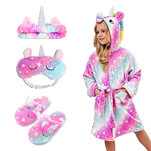 Piefry Weicher Einhorn-Bademantel mit Kapuze für Mädchen mit Einhorn-Pantoffeln, Augenbinde und Stirnband - Geschenke für Mädchen (Rosa/Lila Sterne, 10-11 Jahre) von Piefry