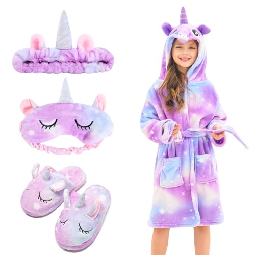 Piefry Weicher Einhorn-Bademantel mit Kapuze für Mädchen mit Einhorn-Pantoffeln, Augenbinde und Stirnband - Geschenke für Mädchen (Violette Sterne, 4-5 Jahre) von Piefry