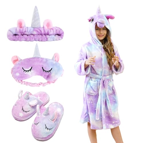 Piefry Weicher Einhorn-Bademantel mit Kapuze für Mädchen mit Einhorn-Pantoffeln, Augenbinde und Stirnband - Geschenke für Mädchen (Violette Sterne, 5-6 Jahre) von Piefry