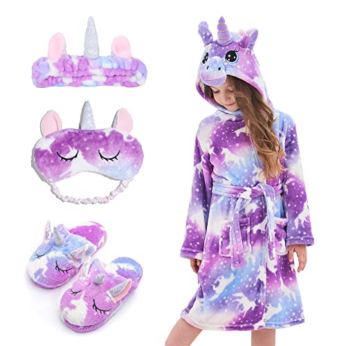 Piefry Weicher Einhorn-Bademantel mit Kapuze für Mädchen mit Einhorn-Pantoffeln, Augenbinde und Stirnband - Geschenke für Mädchen (Violettes Einhorn, 10-11 Jahre) von Piefry