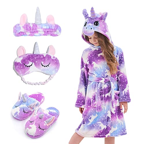 Piefry Weicher Einhorn-Bademantel mit Kapuze für Mädchen mit Einhorn-Pantoffeln, Augenbinde und Stirnband - Geschenke für Mädchen (Violettes Einhorn, 5-6 Jahre) von Piefry