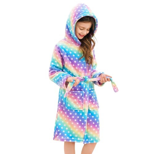 Weicher Bademantel mit Kapuze für Mädchen Fleece Morgenmantel Nachtwäsche Kinder (Regenbogen Punkte, 12-13 Jahre) von Piefry