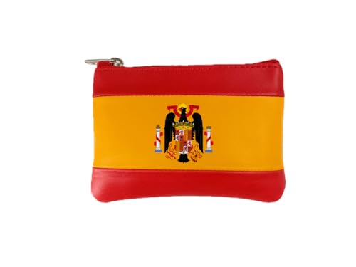 Geldbörse aus Leder mit spanischer Flagge und französischem Wappen, kleine Geldbörse mit Reißverschluss, Rot und Gelb von Piel Cabrera