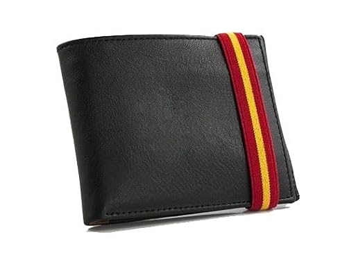 Geldbörse mit Namensschild für die Nationalpolizei mit elastischem Band in Rot und Gelb, Brieftasche aus schwarzem Leder von Piel Cabrera