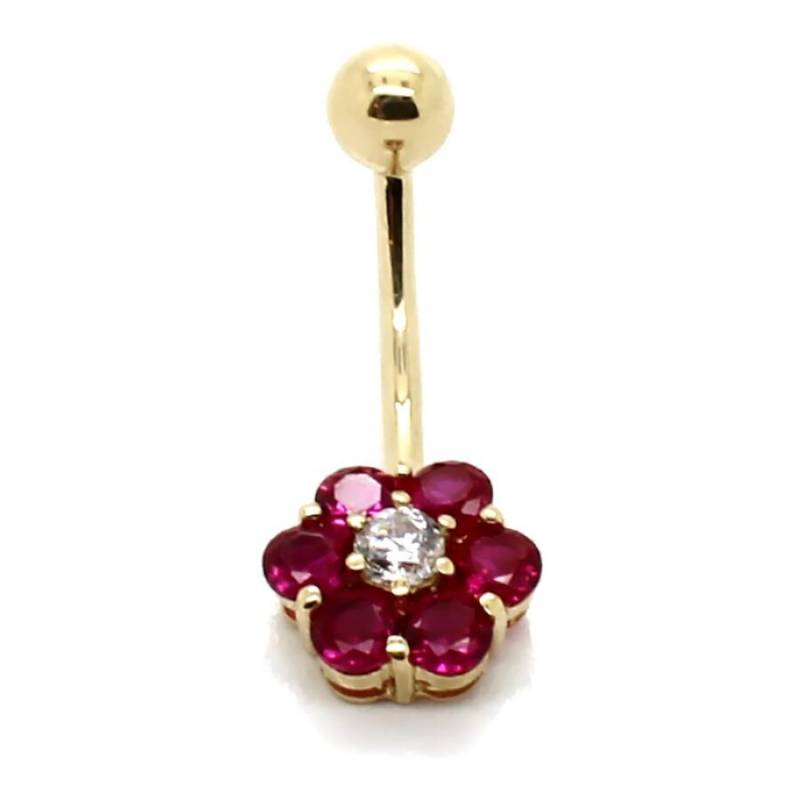 14K Gelb Oder Weiß Gold Niedlicher Blumen Cluster Bauch Ring Mit 6 Roten Und 1 Klaren Cz von PierceOn