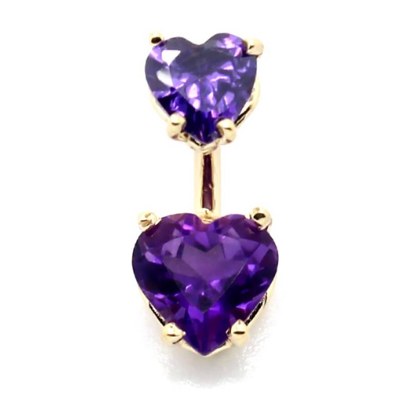 14K Gelb - Oder Weißgold Doppelherz-Bauchring Mit 8mm Und 6mm Echtem Amethyst von PierceOn
