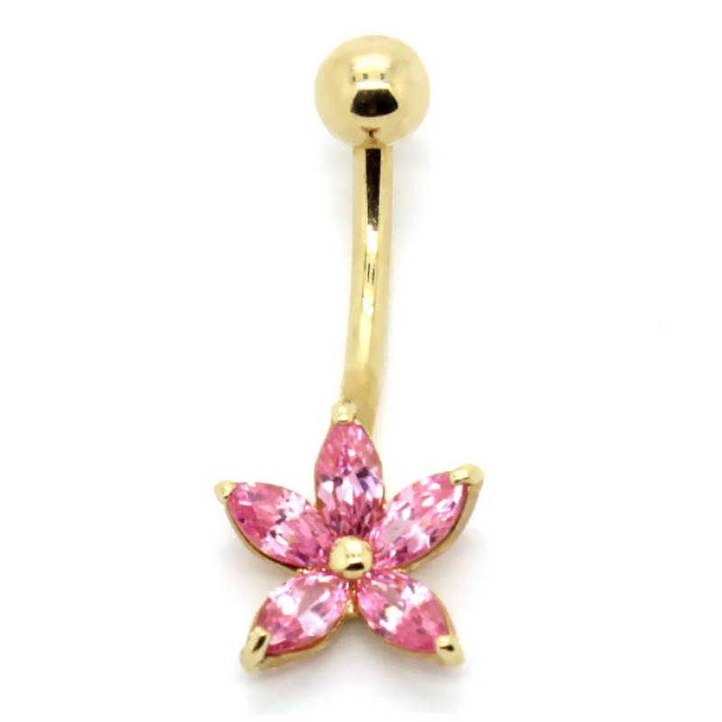14K Gelbgold Cluster Blumen Bauch Ring Mit Pink Cz von PierceOn