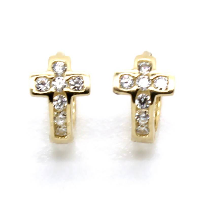 14K Gelbgold Kreuz Huggie Ohrringe Mit 14 1mm Runder Cz von PierceOn