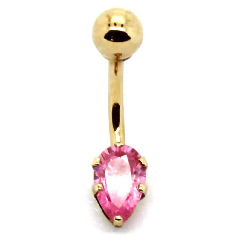 14K Gelbgold Solitaire Pear Shaped Light Weight Bauch Ring Mit Pink Cz von PierceOn