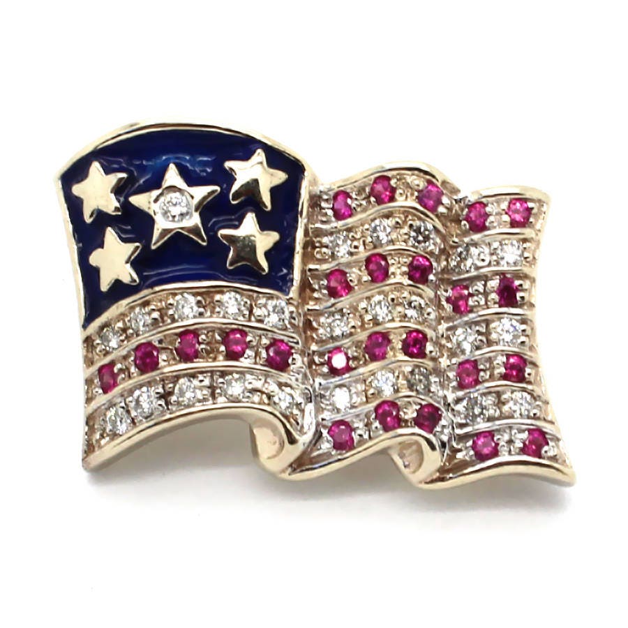 14K Weißgold American Flagge Pin Brosche Mit Diamanten, Rubine Und Emaille von PierceOn
