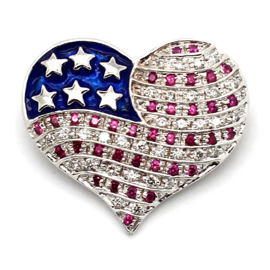 14K Weißgold American Heart Pin Brosche Mit Diamanten, Rubine Und Emaille von PierceOn