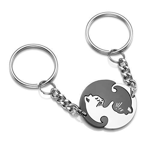 Piercing Personalized Gravur 2 X Edelstahl Anhänger Schlüsselanhänger Katze Puzzle Partner-Anhänger Paare Liebe Schlüsselbund Schlüsselring Keychain für Herren Damen,Silber Schwarz (mit Gravur) von PiercingJ