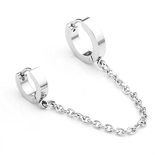 PiercingJ 1x Edelstahl Ohrstecker Ohrklemme Creolen Huggie Ohrring Cuff Clip Helix Tragus Knorpel Ohr Piercing Kette verbunden Unisex punk rock simple silber von PiercingJ