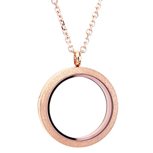 PiercingJ 316L Edelstahl Floating Charms Medaillon Living Memory Matte Rund Locket Anhänger Halskette mit 24" Kette für Damen Herren (Rosegold, 30mm) von PiercingJ