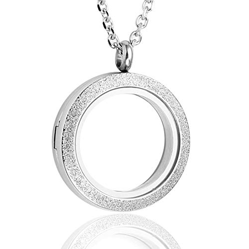 PiercingJ 316L Edelstahl Floating Charms Medaillon Living Memory Matte Rund Locket Anhänger Halskette mit 24" Kette für Damen Herren (Silber, 30mm) von PiercingJ