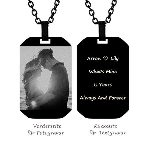 PiercingJ Foto Halskette mit Gravur Erkennungsmarke Dogtag Edelstahl Anhänger mit 24" Kette Liebe Freundschaft Schmuck Personalisierte Geschenke für Herren Damen, Schwarz von PiercingJ