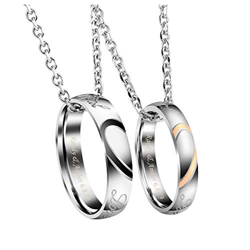 PiercingJ Personalized Gravur 2x Edelstahl Pärchen Halsketten Ring Anhänger Halskette Partner Paar Anhänger mit 24" Kette für Herren Damen, Silber (#01, Ring mit Gravur) von PiercingJ