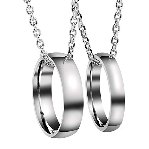 PiercingJ Personalized Gravur 2x Edelstahl Pärchen Halsketten Ring Anhänger Halskette Partner Paar Anhänger mit 24" Kette für Herren Damen, Silber (#02, Non-Gravur) von PiercingJ