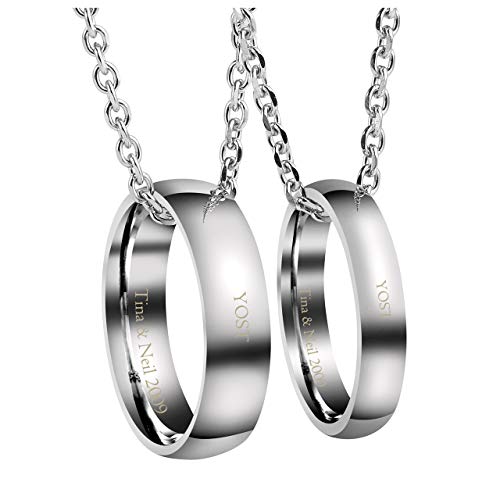 PiercingJ Personalized Gravur 2x Edelstahl Pärchen Halsketten Ring Anhänger Halskette Partner Paar Anhänger mit 24" Kette für Herren Damen, Silber (#02, Ring mit Gravur) von PiercingJ