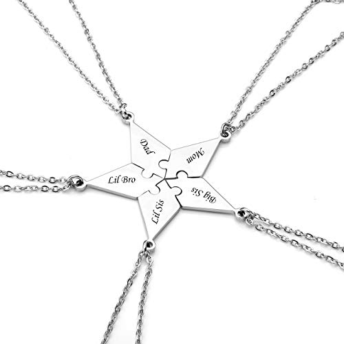 PiercingJ Personalized Gravur 5x Edelstahl Pentagramm Puzzle Anhänger Halskette Freundschaftsketten Partner-Anhänger mit 24" Kette für Herren Damen, Silber (mit Gravur) von PiercingJ