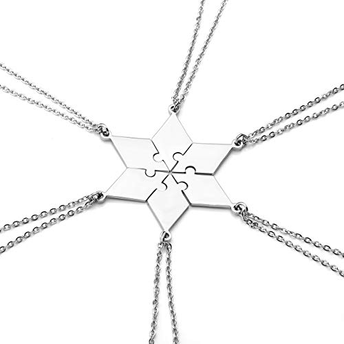 PiercingJ Personalized Gravur 6X Edelstahl Hexagramm Star of David Puzzle Anhänger Halskette Freundschaftsketten Partner-Anhänger mit 24" Kette für Herren Damen, Silber (Non-Gravur) von PiercingJ