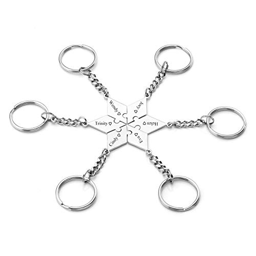 PiercingJ Personalized Gravur 6x Edelstahl Hexagramm Star of David Puzzle Schlüsselanhänger Partner Paare Liebe Freundschaft Schlüsselbund Schlüsselring Keychain, Silber (mit Gravur) von PiercingJ