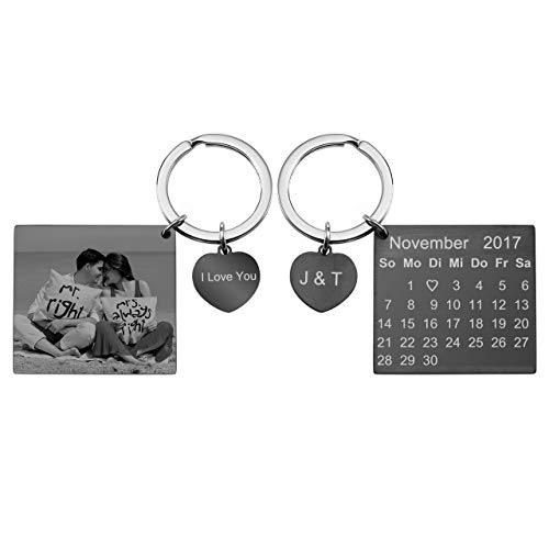 PiercingJ Personalisierter Schlüsselanhänger mit Foto Kalender Beiderseitig Gravur Edelstahl Quadrat Herz Anhänger Schlüsselhalter Schlüsselbund für Freundin Partner Familie, Motiv I LOVE YOU von PiercingJ