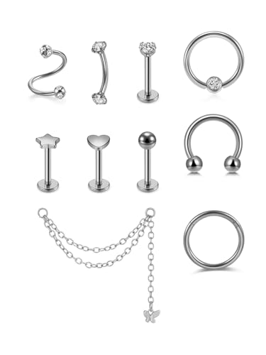 PiercingJak 16G 8mm Helix Piercings Ohrringe Chirurgenstahl für Damen Herren Piercing Ohr Silber Helix Kette Septum Hufeisen Tragus Knorpel Barbell Spiralen Piercing-Set Punk Schmuck von PiercingJak