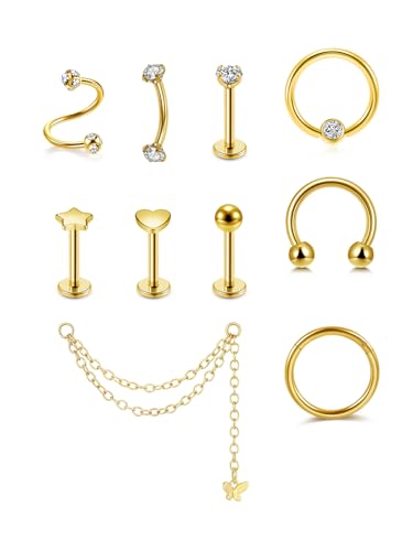PiercingJak 16G Helix Piercings Ohrringe Chirurgenstahl Piercing Ohr Gold Helix-Kette Septum Hufeisen Tragus Knorpel Barbell Spiralen Piercingsset 8mm Punk Schmuck für Damen Mann von PiercingJak
