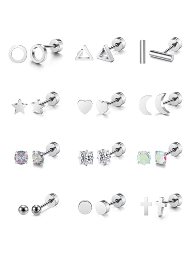 PiercingJak 12Paare Kleine Ohrstecker Damen Set Chirurgenstahl Knorpel Helix Ohrringe Stern Mond Kugel Kreuz Zirkonia Flach Ohrringe Silber Piercing Ohrstecker für Frauen Herren von PiercingJak