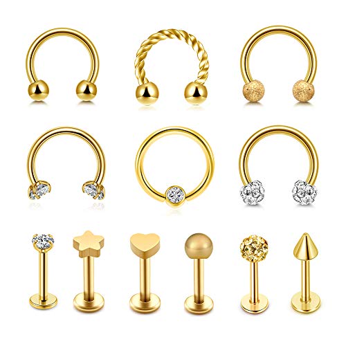 PiercingJak 12er 16G Lippenpiercing Labret Stecker Septum Ring Chirurgenstahl CZ Gold Piercing Set für Helix Hufeisen Modesua Monore Nase Ohr Lippe Herz Stern Spitze Schmuck Unisex von PiercingJak