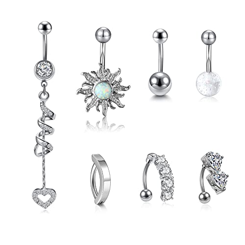PiercingJak 14G Bauchnabelpiercing Chirurgenstahl Bananabell Piercing Bauchnabel Ring Nabelpiercing mit Kugel CZ Blume Körperschmuck Silber Piercingset für Damen Herren, 7 Stücke von PiercingJak