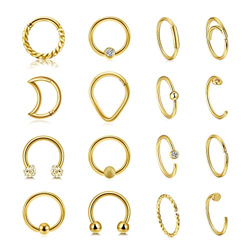 PiercingJak 8mm Nasenpiercing ring Nasenring Set 16 Stück Edelstahl Septum Helix Tragus Ohr Lippen Nasen Piercing Punk Schmuck für Damen Herren, Gold von PiercingJak