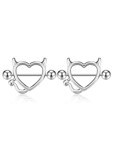 PiercingJak 16G Brustwarzenpiercing Chirurgenstahl Nippelpiercing Barbell für Frauen Mann Brustpeircing Bars 18mm Nippel Ringe Körperpiercing Teufel Punk Gothic Schmuck, Silber von PiercingJak