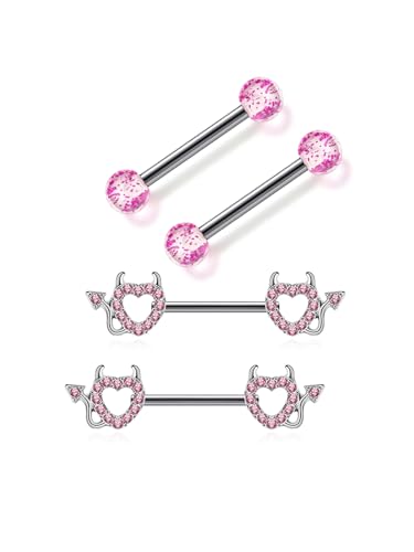 PiercingJak Brustwarzenpiercing Chirurgenstahl Nippelpiercing Barbell für Frauen Frau Brustpeircing Bars Nippel Ringe 14mm 14G Körperpiercing Teufel Punk Schmuck, 2 Paar von PiercingJak