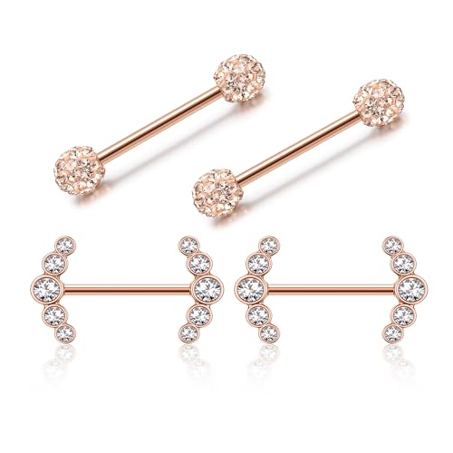 PiercingJak 2 Paar 14G Brustwarzenpiercing Rosegold Chirurgenstahl Nippelpiercing Barbell für Frauen Damen Brustpeircing Bars Nippel Ringe 14mm Körperpiercing Punk Schmuck von PiercingJak