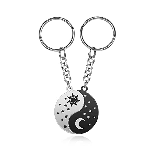 PiercingJak 2 Stück Schlüsselanhänger Paar Verliebte Sonne Mond Yin Yang Schwarz und Weiß Puzzle-Anhänger teilbar Edelstahl Geschenk Liebe Damen Herren Valentinstag Geburtstag Party, schwarz / weiß, von PiercingJak