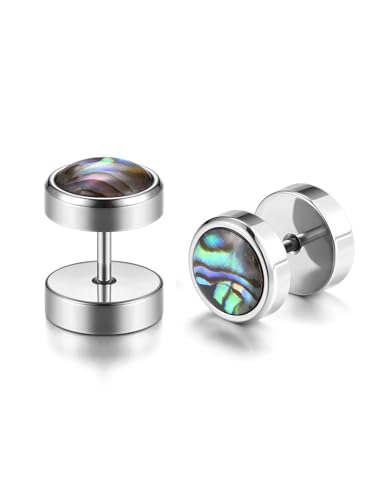 PiercingJak 2er 10MM Fake Plug Ohrstecker Muschel Ohrringe Barbell Stud Ohrring Fake Cheater Illusion Tunnel Ohrpiercing Abalone Schmuck für Herren Damen, Silber Edelstahl von PiercingJak