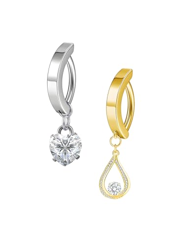 PiercingJak 2er 14G Clicker Piercing Bauchnabelpiercing Gold Silber Chirurgenstahl Herz Tropfen Glitzer Zirkonia Bauchnabel Ring 10mm Nabelpiercing Barbell Körper Schmuck für Frauen Mann von PiercingJak