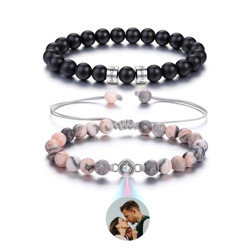 PiercingJak 2er Partnerarmbänder mit Gravur Bild Projektion Armband mit Foto im Stein Damen Herren Namen Perlen Armbänder Edelstein Liebe Schmuck Personalisierte Geschenke für Freundin von PiercingJak