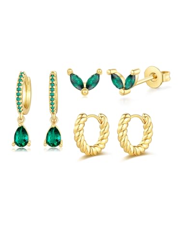 PiercingJak Goldene Ohrringe Damen Set 14K Vergoldete Ohrstecker Grün Zirkonia Hängende Ohrringe für Frauen Twisted Creolen Kleine Hoop Ringe Helix Tragus Piercing Ohr Gold von PiercingJak