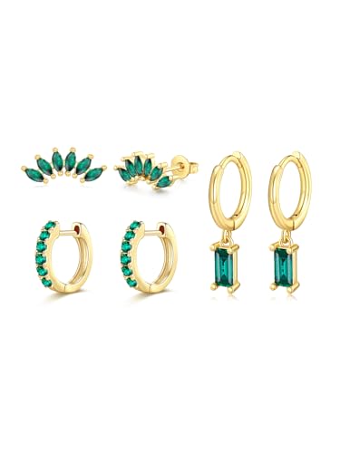 PiercingJak Ohrringe Gold Set 14K Vergoldete Ohrstecker Grün Zirkonia Ohrringe für Damen Hängend Huggie Creolen Kleine Hoop Ringe Helix Tragus Ohr Piercing für mehrere Ohrlöcher, 3 Paar von PiercingJak