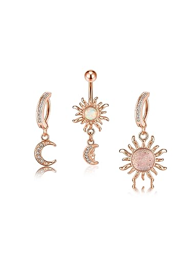 PiercingJak 3er 14G Clicker Piercing Bauchnabelpiercing mit Sonne Mond Anhänger Chirurgenstahl CZ Bauchnabel Ring 10mm Nabelpiercing Barbell Körper Schmuck für Frauen Mann, Rosegold von PiercingJak
