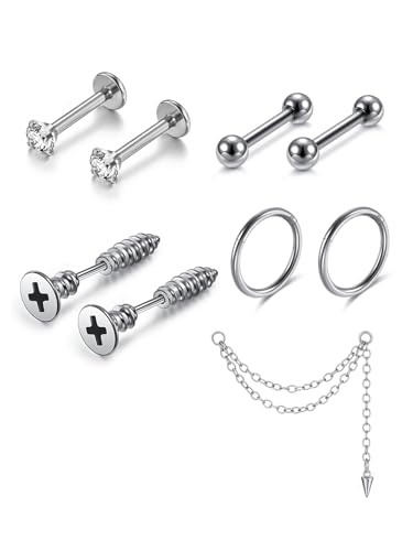 PiercingJak 4 Paar 16G Helix Piercings Chirurgenstahl Ohrringe für Damen Herren Piercing Ohr Silber Helix Kette Creolen CZ Schraube Ohrstecker Tragus Conch Ohrpiercing 8mm Punk Schmuck Unisex von PiercingJak