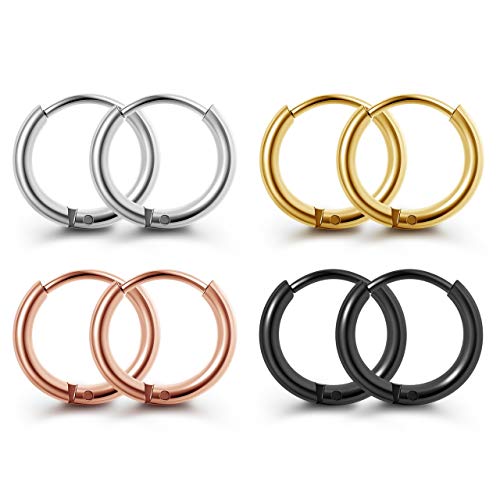 PiercingJak Chirurgenstahl Creolen Ohrringe Set Huggie Hoop Ring 8mm Kleine Klappcreolen Silber Schwarz Gold Rosegold Ohrpiercing Ringe Ohrschmuck, 4 Paare von PiercingJak